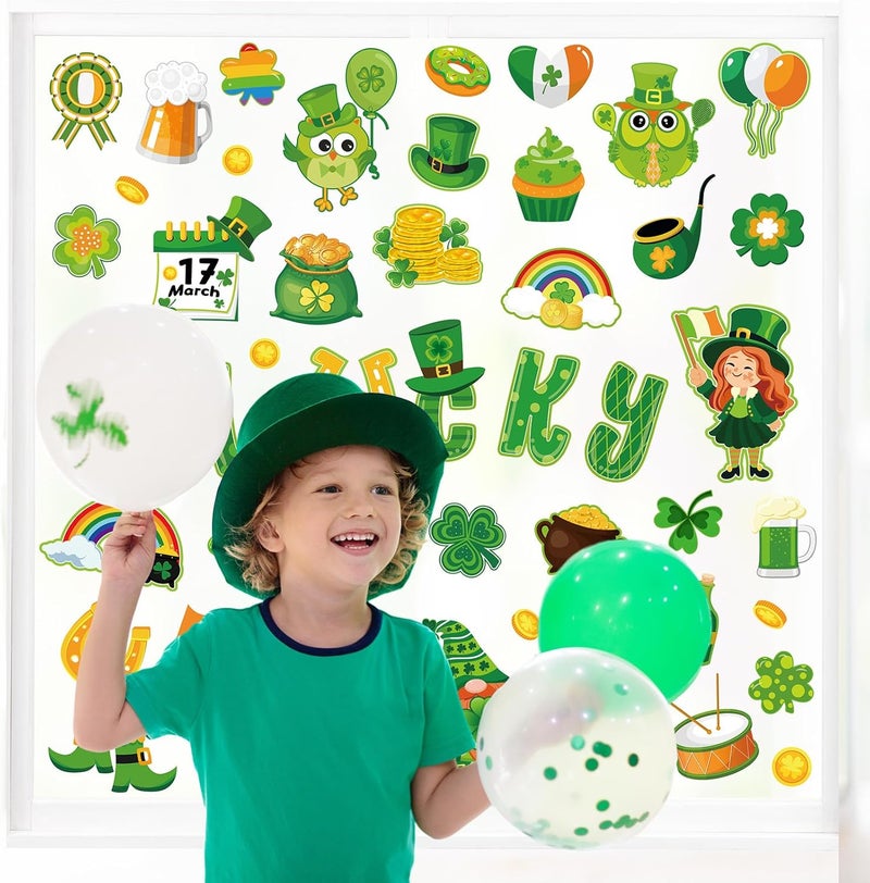 Whaline 9 Sheets St. Patrick's Day Cartoon Window Cling Stickers Cute Lucky Clover Green Shamrock Gnome Reusable Window Decals for Irish Party Home Classroom Decoration - Image 4